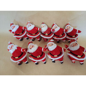 Vintage Set of 9 Flocked Miniature Santa Claus Ornaments